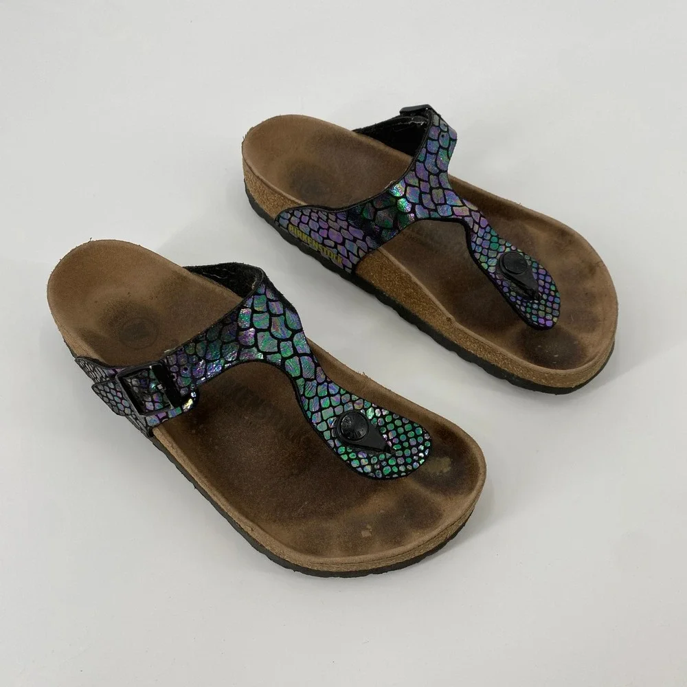 Birkenstock Mermaid Sandals Womens 36 Black Iridescent Snake Print Thong Buckle